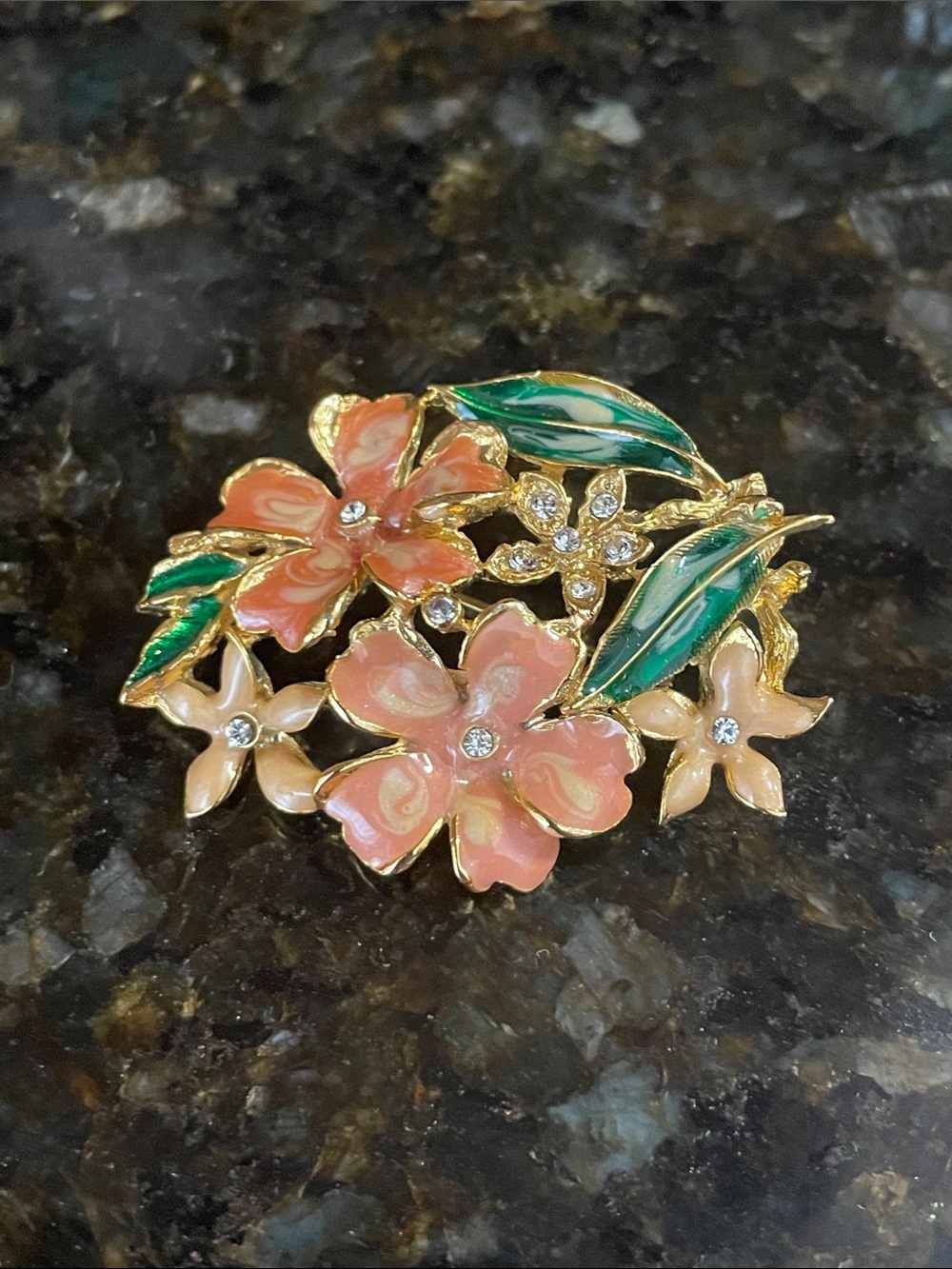 Vintage LIA Signed Enamel and Rhinestone Flowers Brooch Pin